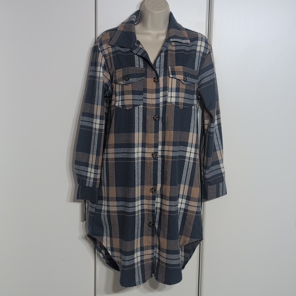 Happily Grey S Blue Plaid Oversized Long Flannel Shacket